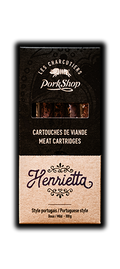 Packaging of 'Henrietta' meat cartridges from 'Pork Shop' on a white background