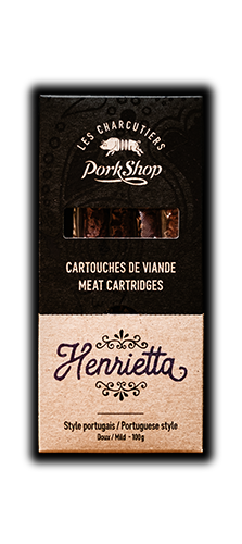 Packaging of 'Henrietta' meat cartridges from 'Pork Shop' on a white background